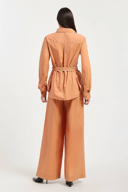 Shop AK-OK Orange Cotton Embroidery Round Neck Abstract Shirt And Flared Trouser at Aza Fashions Shop_AK-OK_Orange Cotton Embroidery Round Neck Abstract Shirt And Flared Trouser _at_Aza_Fashions