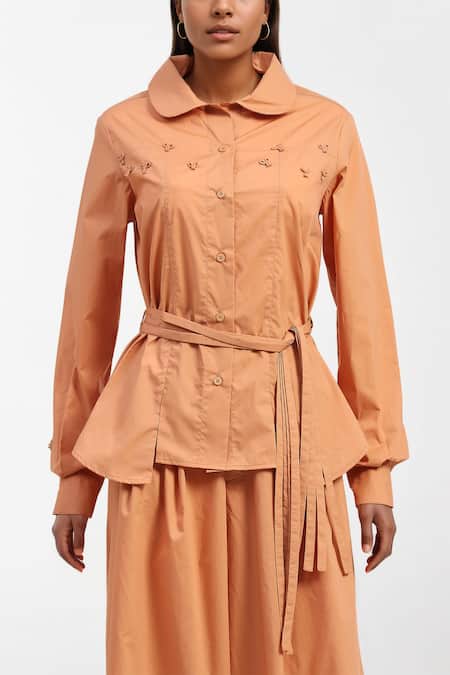 Buy AK-OK Orange Cotton Embroidery Round Neck Abstract Shirt And Flared Trouser Online at Aza Fashions Buy_AK-OK_Orange Cotton Embroidery Round Neck Abstract Shirt And Flared Trouser _Online_at_Aza_Fashions