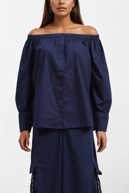 AK-OK Blue Cotton Embroidery Off-shoulder Eyelet Top And Trouser Set Online at Aza Fashions AK-OK_Blue Cotton Embroidery Off-shoulder Eyelet Top And Trouser Set _Online_at_Aza_Fashions