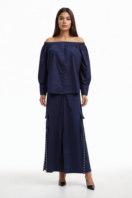 Buy AK-OK Blue Cotton Embroidery Off-shoulder Eyelet Top And Trouser Set Online at Aza Fashions Buy_AK-OK_Blue Cotton Embroidery Off-shoulder Eyelet Top And Trouser Set _Online_at_Aza_Fashions