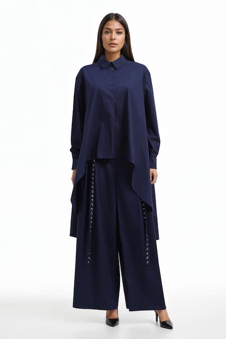 AK-OK Solid High Low Shirt & Flared Trouser Co-ord Set 