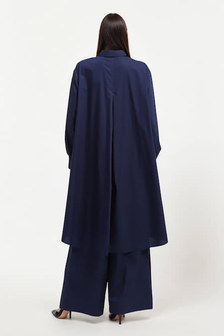 Shop AK-OK Blue Cotton Embroidery Collared High Low Shirt And Eyelet Trouser Set at Aza Fashions Shop_AK-OK_Blue Cotton Embroidery Collared High Low Shirt And Eyelet Trouser Set _at_Aza_Fashions