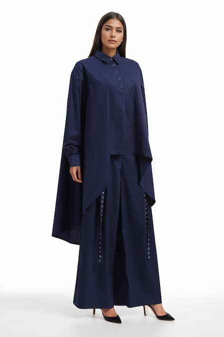 AK-OK Blue Cotton Embroidery Collared High Low Shirt And Eyelet Trouser Set Online at Aza Fashions AK-OK_Blue Cotton Embroidery Collared High Low Shirt And Eyelet Trouser Set _Online_at_Aza_Fashions