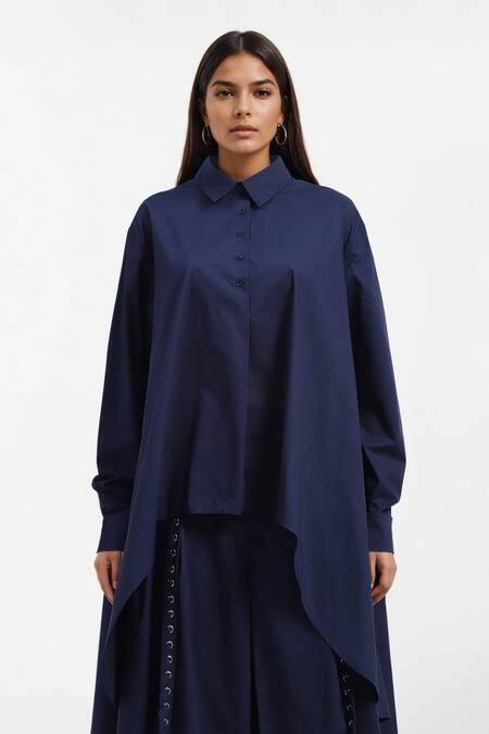 Buy AK-OK Blue Cotton Embroidery Collared High Low Shirt And Eyelet Trouser Set Online at Aza Fashions Buy_AK-OK_Blue Cotton Embroidery Collared High Low Shirt And Eyelet Trouser Set _Online_at_Aza_Fashions
