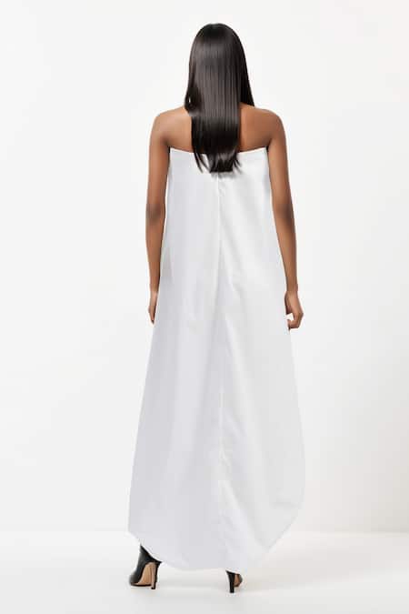 Shop AK-OK White Cotton Embroidery Off-shoulder Patch Off Draped Dress at Aza Fashions Shop_AK-OK_White Cotton Embroidery Off-shoulder Patch Off Draped Dress _at_Aza_Fashions