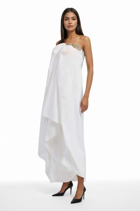 AK-OK White Cotton Embroidery Off-shoulder Patch Off Draped Dress Online at Aza Fashions AK-OK_White Cotton Embroidery Off-shoulder Patch Off Draped Dress _Online_at_Aza_Fashions