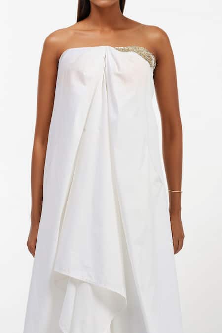 Buy AK-OK White Cotton Embroidery Off-shoulder Patch Off Draped Dress Online at Aza Fashions Buy_AK-OK_White Cotton Embroidery Off-shoulder Patch Off Draped Dress _Online_at_Aza_Fashions