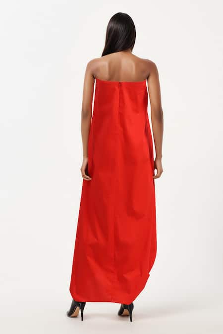 Shop AK-OK Red Cotton Embroidery Off-shoulder Off Draped Dress at Aza Fashions Shop_AK-OK_Red Cotton Embroidery Off-shoulder Off Draped Dress _at_Aza_Fashions