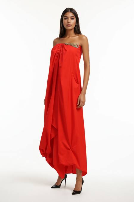 AK-OK Red Cotton Embroidery Off-shoulder Off Draped Dress Online at Aza Fashions AK-OK_Red Cotton Embroidery Off-shoulder Off Draped Dress _Online_at_Aza_Fashions