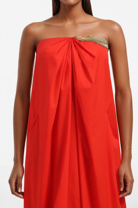 Buy AK-OK Red Cotton Embroidery Off-shoulder Off Draped Dress Online at Aza Fashions Buy_AK-OK_Red Cotton Embroidery Off-shoulder Off Draped Dress _Online_at_Aza_Fashions