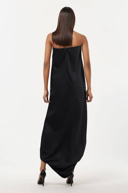 Shop_AK-OK_Black Cotton Off-shoulder, Sweetheart Neck Off Draped Dress _at_Aza_Fashions