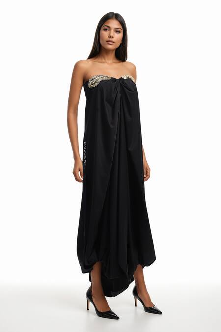 AK-OK_Black Cotton Off-shoulder, Sweetheart Neck Off Draped Dress _Online_at_Aza_Fashions