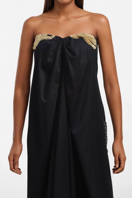 Buy_AK-OK_Black Cotton Off-shoulder, Sweetheart Neck Off Draped Dress _Online_at_Aza_Fashions