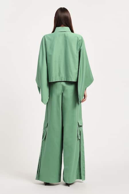 Shop_AK-OK_Green Cotton Collared Boxy Crop Shirt And Trouser Set _at_Aza_Fashions
