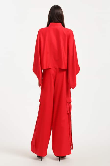 Shop_AK-OK_Red Cotton Collared Boxy Crop Shirt And Trouser Set _at_Aza_Fashions