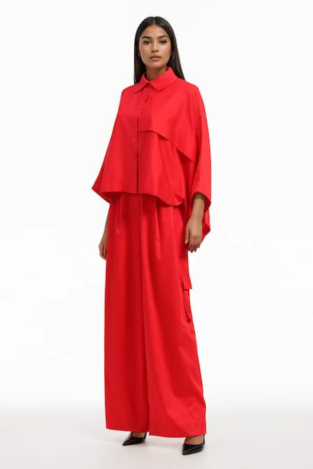 AK-OK_Red Cotton Collared Boxy Crop Shirt And Trouser Set _Online_at_Aza_Fashions