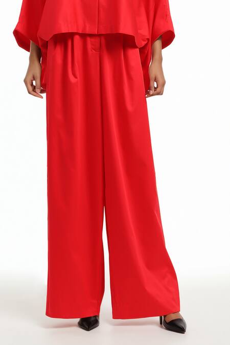 Buy_AK-OK_Red Cotton Collared Boxy Crop Shirt And Trouser Set _Online_at_Aza_Fashions