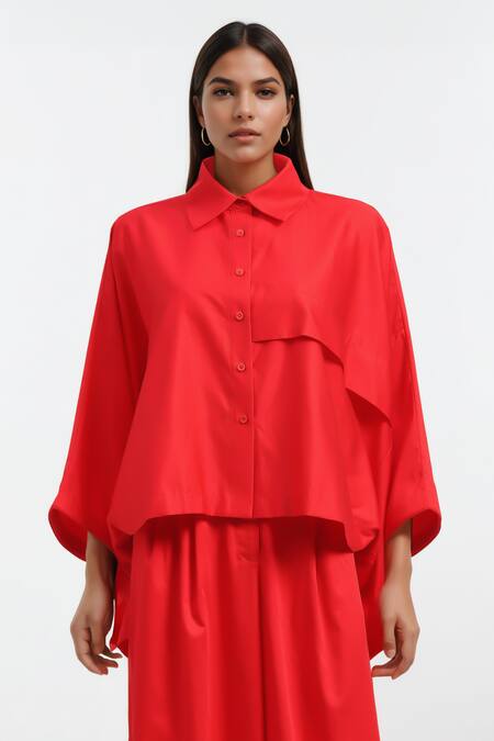 Shop_AK-OK_Red Cotton Collared Boxy Crop Shirt And Trouser Set _Online_at_Aza_Fashions