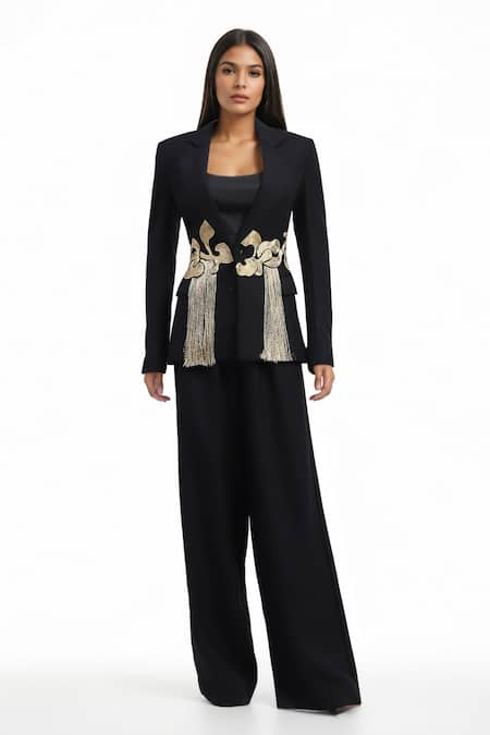 AK-OK Abstract Embroidered Peplum Blazer & Flared Trouser Set 