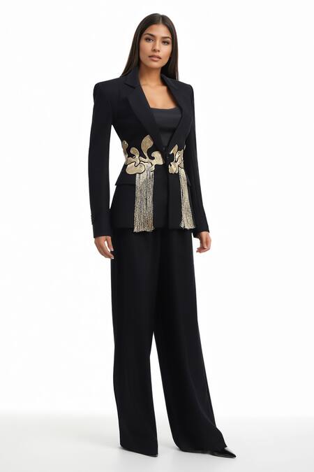 AK-OK_Black Cotton Tassels, Embroidery Round Neck Abstract Peplum Blazer Set _Online_at_Aza_Fashions