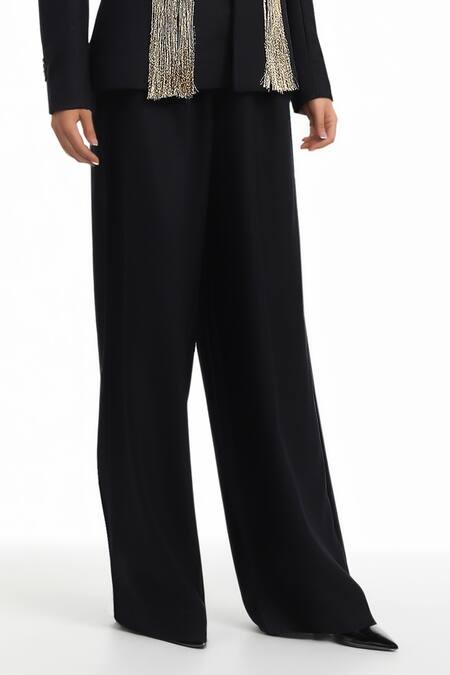 Buy_AK-OK_Black Cotton Tassels, Embroidery Round Neck Abstract Peplum Blazer Set _Online_at_Aza_Fashions