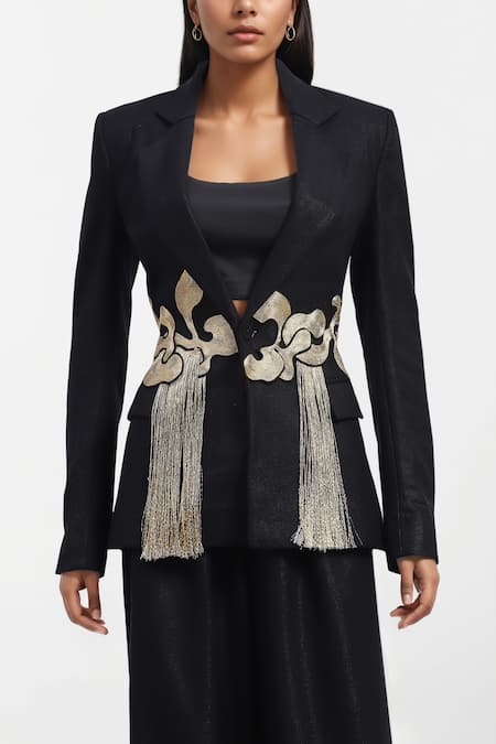 Shop_AK-OK_Black Cotton Tassels, Embroidery Round Neck Abstract Peplum Blazer Set _Online_at_Aza_Fashions