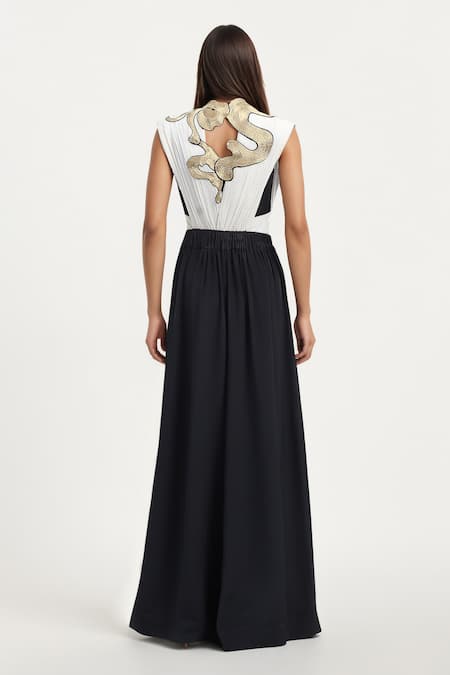 Shop AK-OK Black Cotton Embroidery V-neck Abstract Jumpsuit Set at Aza Fashions Shop_AK-OK_Black Cotton Embroidery V-neck Abstract Jumpsuit Set _at_Aza_Fashions