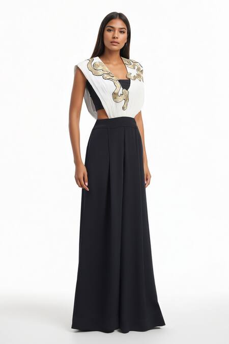 Buy AK-OK Black Cotton Embroidery V-neck Abstract Jumpsuit Set Online at Aza Fashions Buy_AK-OK_Black Cotton Embroidery V-neck Abstract Jumpsuit Set _Online_at_Aza_Fashions