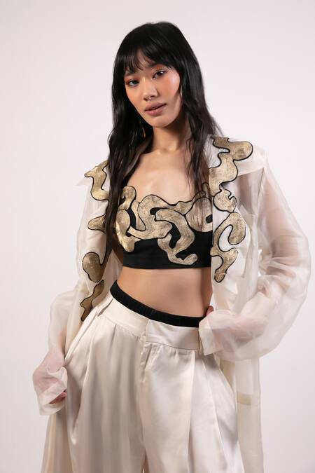 Shop AK-OK Ivory Cotton Embroidery Collared Abstract Swerve Coat And Trouser Set Online at Aza Fashions Shop_AK-OK_Ivory Cotton Embroidery Collared Abstract Swerve Coat And Trouser Set _Online_at_Aza_Fashions
