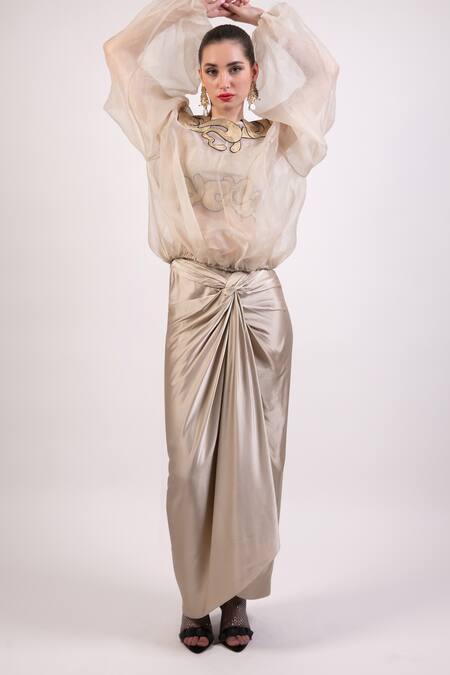 Buy AK-OK Ivory Organza Patchwork, Embroidery Round Neck Crop Top And Draped Skirt Buy_AK-OK_Ivory Organza Patchwork, Embroidery Round Neck Crop Top And Draped Skirt