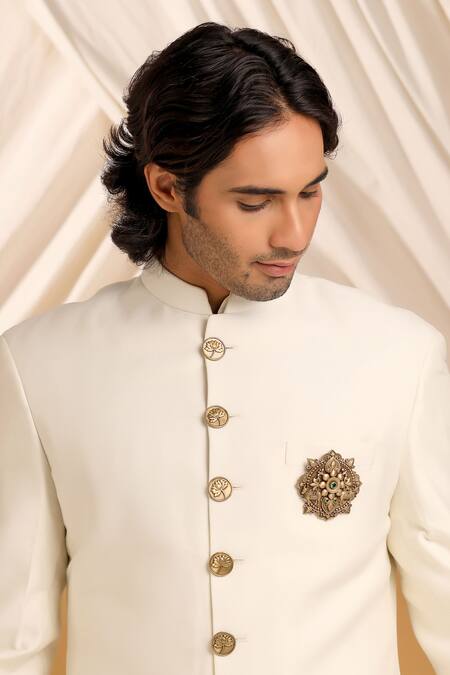 Shop_Cosa Nostraa_Gold Stones Emerald Radiance Floral Brooch _at_Aza_Fashions