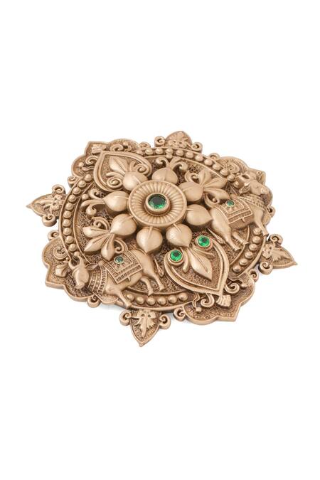 Shop Cosa Nostraa Gold Stones Emerald Radiance Floral Brooch Online at Aza Fashions Shop_Cosa Nostraa_Gold Stones Emerald Radiance Floral Brooch _Online_at_Aza_Fashions