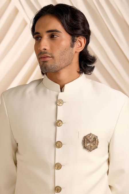 Shop Cosa Nostraa Gold Heritage Lotus City Carved Brooch at Aza Fashions Shop_Cosa Nostraa_Gold Heritage Lotus City Carved Brooch _at_Aza_Fashions