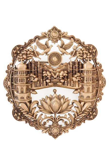 Cosa Nostraa Gold Heritage Lotus City Carved Brooch Online at Aza Fashions Cosa Nostraa_Gold Heritage Lotus City Carved Brooch _Online_at_Aza_Fashions