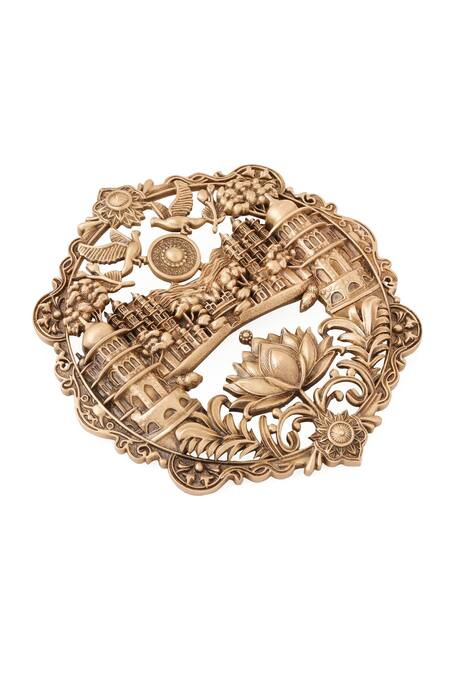 Shop Cosa Nostraa Gold Heritage Lotus City Carved Brooch Online at Aza Fashions Shop_Cosa Nostraa_Gold Heritage Lotus City Carved Brooch _Online_at_Aza_Fashions