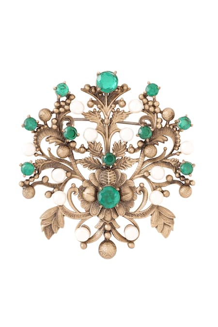Cosa Nostraa_Gold Stones Oxidised Floral Brooch _Online_at_Aza_Fashions