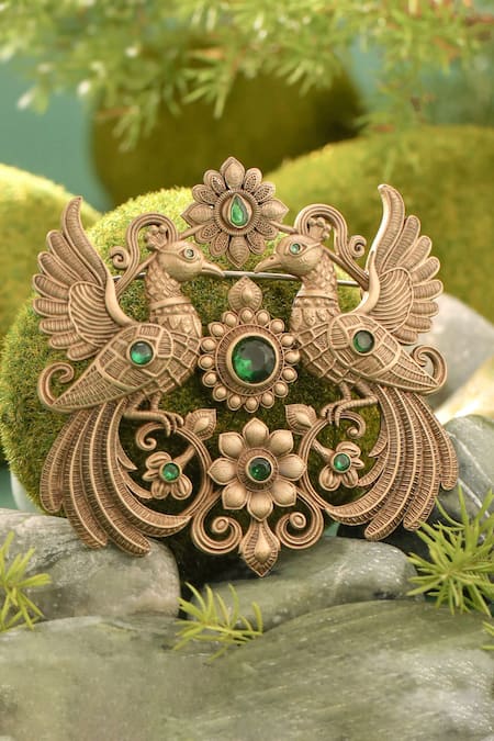 Cosa Nostraa Peacock Carved Brooch With Green Stones 