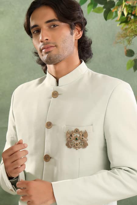 Shop_Cosa Nostraa_Gold Crystals, Stones Peacock Carved Brooch With Green _at_Aza_Fashions