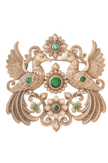 Cosa Nostraa_Gold Crystals, Stones Peacock Carved Brooch With Green _Online_at_Aza_Fashions