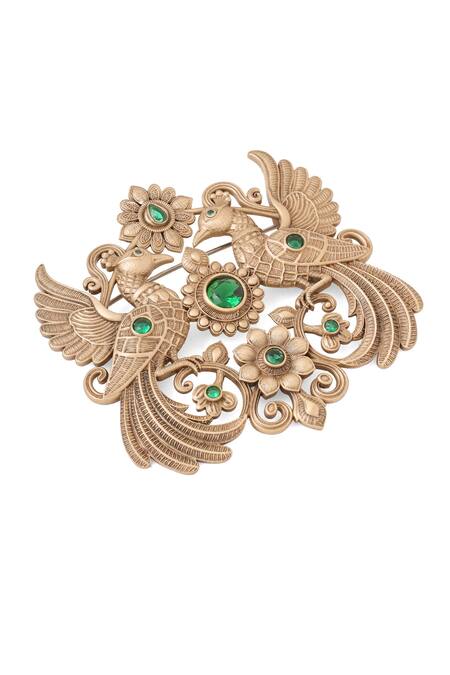 Buy_Cosa Nostraa_Gold Crystals, Stones Peacock Carved Brooch With Green _Online_at_Aza_Fashions