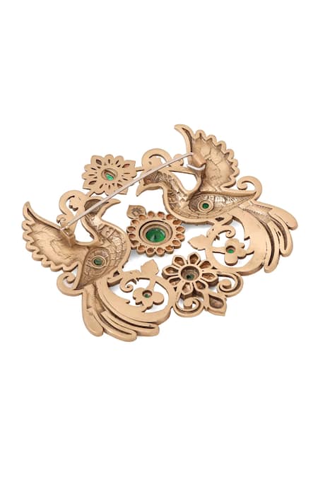 Shop_Cosa Nostraa_Gold Crystals, Stones Peacock Carved Brooch With Green _Online_at_Aza_Fashions