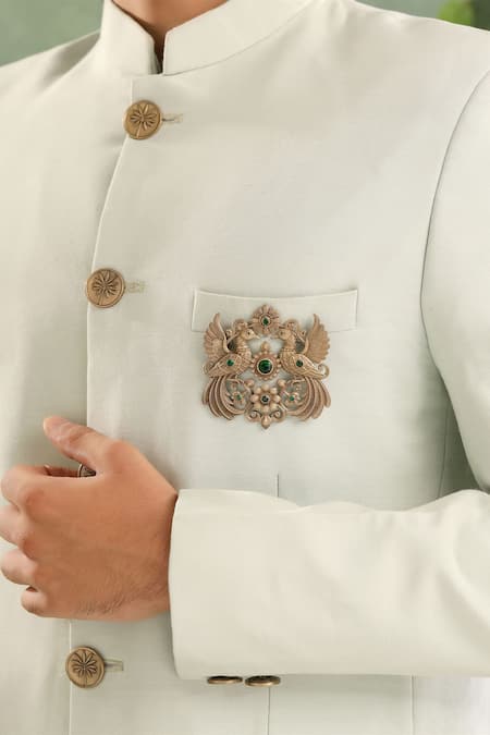 Cosa Nostraa_Gold Crystals, Stones Peacock Carved Brooch With Green _at_Aza_Fashions