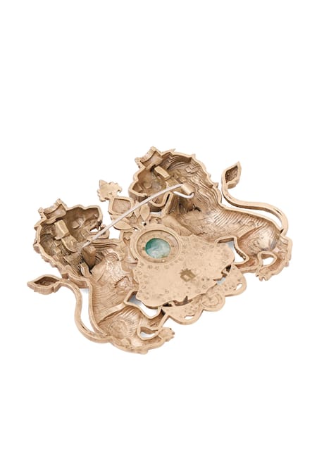 Cosa Nostraa Gold Stones Oxidised Twin Lion Emblem Brooch Online at Aza Fashions Cosa Nostraa_Gold Stones Oxidised Twin Lion Emblem Brooch _Online_at_Aza_Fashions