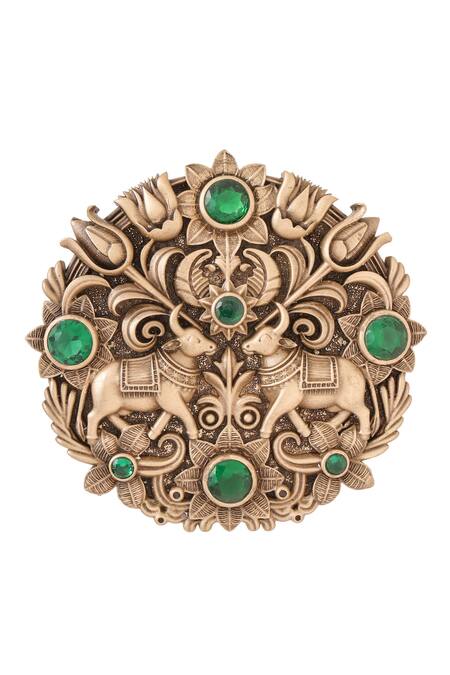 Cosa Nostraa Gold Stones Oxidised Antique Nandi Brooch Online at Aza Fashions Cosa Nostraa_Gold Stones Oxidised Antique Nandi Brooch _Online_at_Aza_Fashions