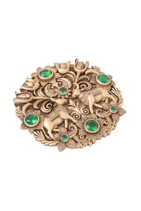 Buy Cosa Nostraa Gold Stones Oxidised Antique Nandi Brooch Online at Aza Fashions Buy_Cosa Nostraa_Gold Stones Oxidised Antique Nandi Brooch _Online_at_Aza_Fashions