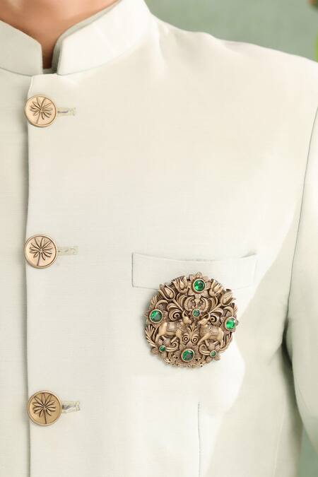 Cosa Nostraa_Gold Stones Oxidised Antique Nandi Brooch _at_Aza_Fashions