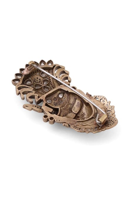 Shop_Cosa Nostraa_Gold Stones Srinathji Carved Antique Brooch _Online_at_Aza_Fashions