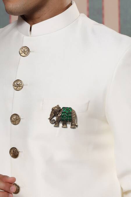 Cosa Nostraa_Gold Stones Antique Elephant Brooch With Emerald _Online_at_Aza_Fashions