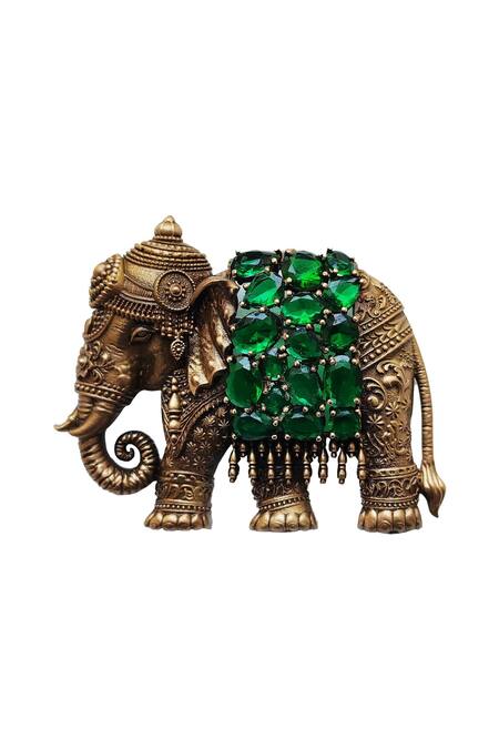Buy_Cosa Nostraa_Gold Stones Antique Elephant Brooch With Emerald _Online_at_Aza_Fashions