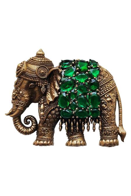 Shop_Cosa Nostraa_Gold Stones Antique Elephant Brooch With Emerald _Online_at_Aza_Fashions